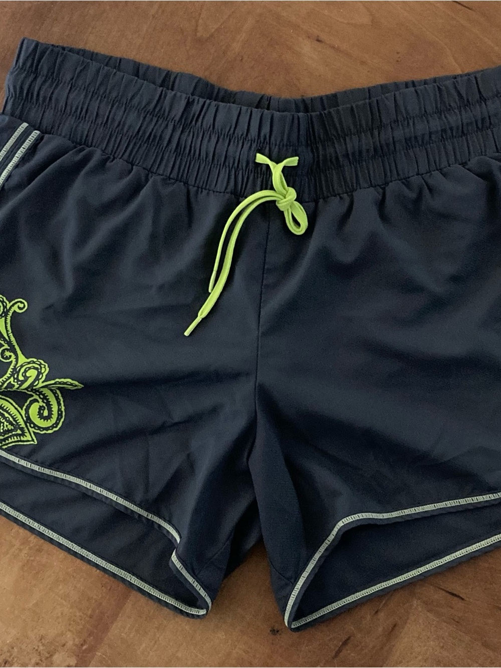 Athleta Navy Athletic Shorts with Lime Green Accents